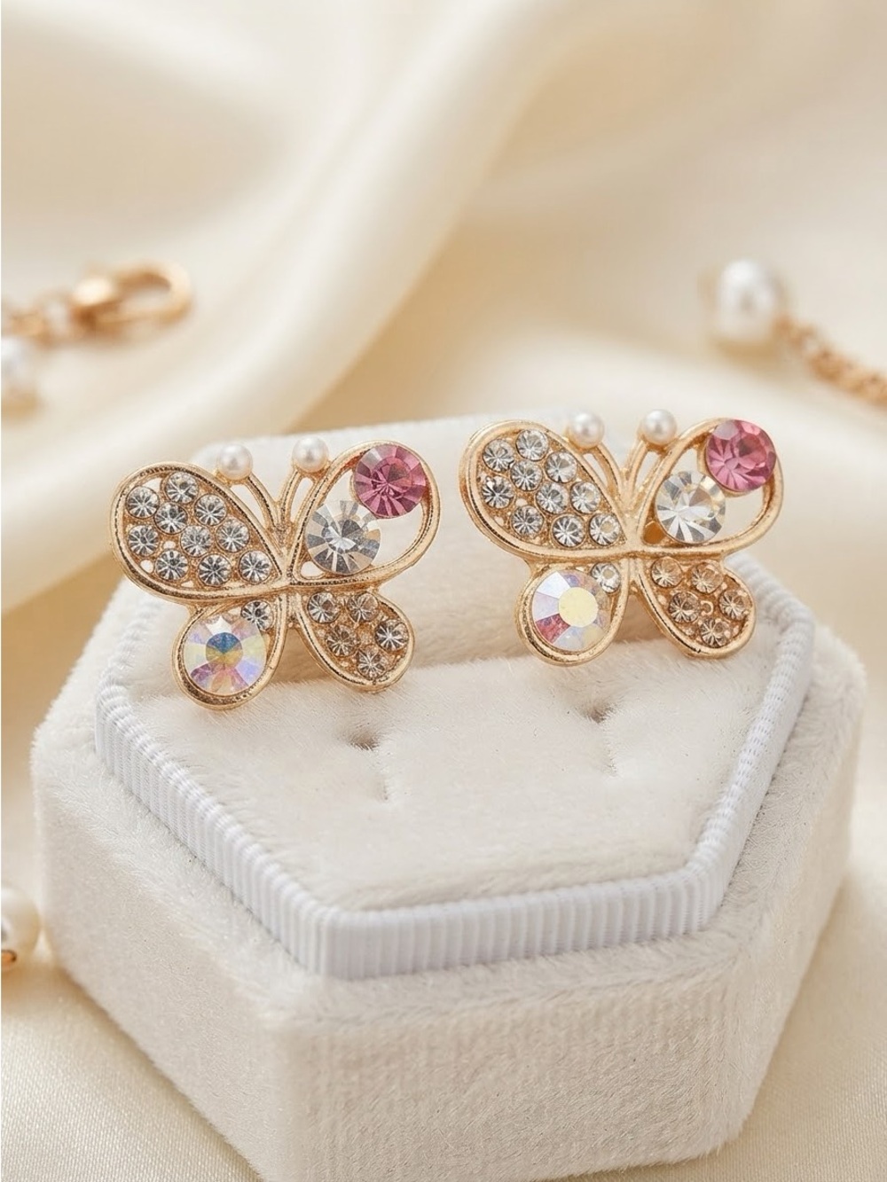 Butterfly Rhinestone Stud Earrings | Gold Tone Pearl Crystal Earrings